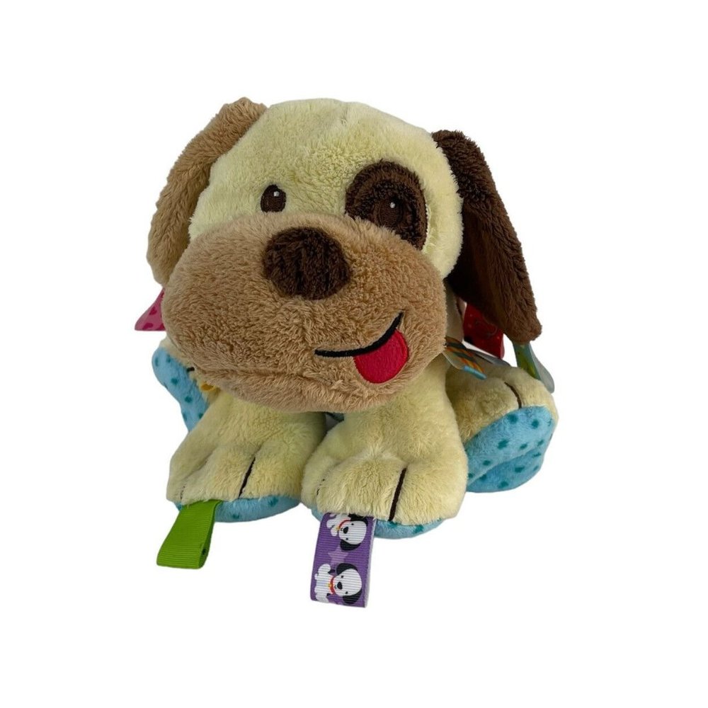 Taggies Puppy Dog 9” Plush Stuffed Animal Lovey Rattle Yellow Brown Eye‎ Patch